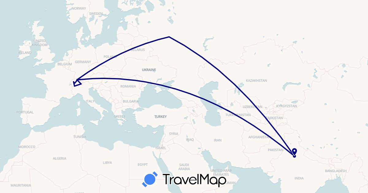 TravelMap itinerary: driving in Switzerland, India, Russia (Asia, Europe)